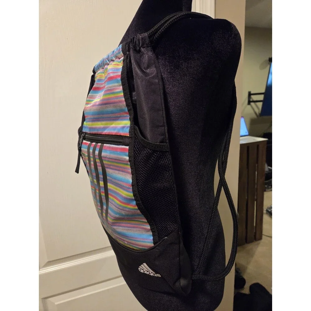 adidas Medium Polyester Drawstring Gym Bag Black Multicolor Striped Zip Pocket